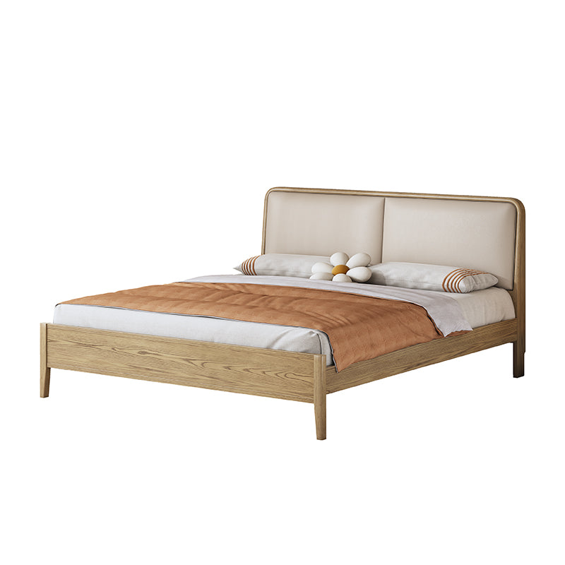 French Flush-Edge Bed Frame - Genuine Leather Headboard & Breathable Pine Slats Bed For Bedroom