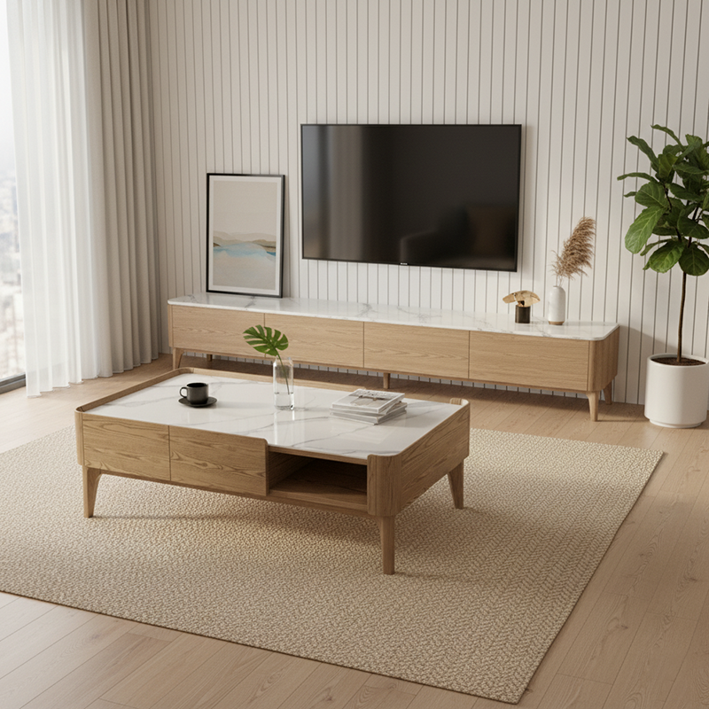 Elegant French-Style Ash Wood Coffee Table with a Sturdy Four-Leg Base for Living Room