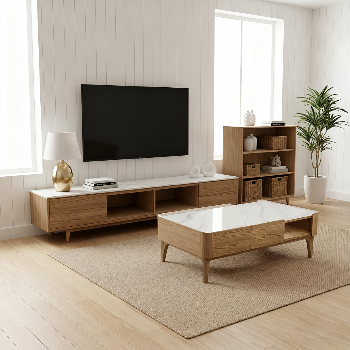 Elegant French-Style Ash Wood Coffee Table with a Sturdy Four-Leg Base for Living Room