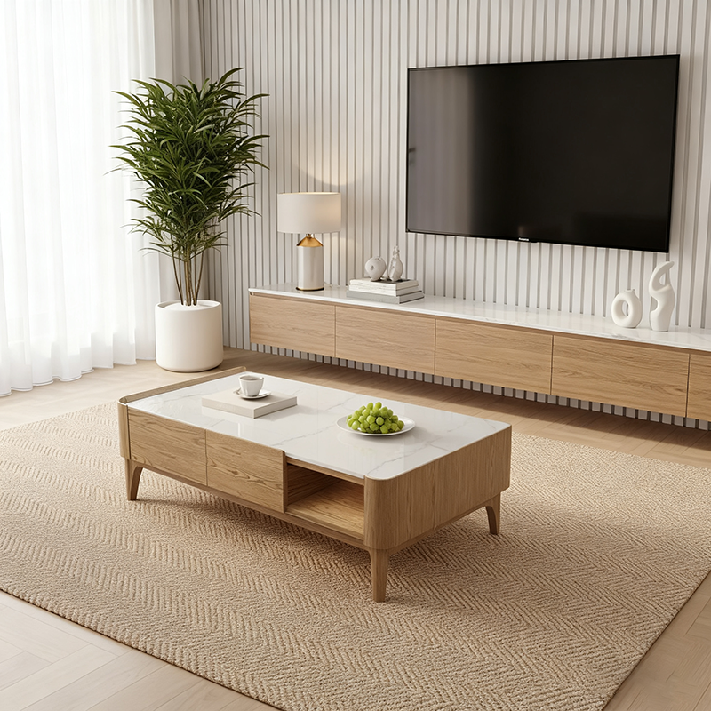 Elegant French-Style Ash Wood Coffee Table with a Sturdy Four-Leg Base for Living Room