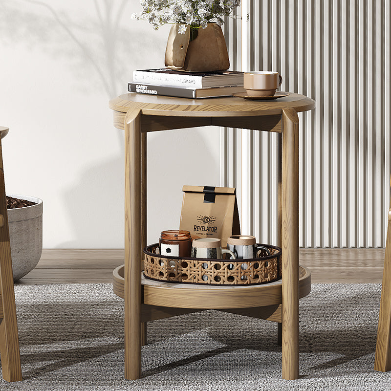 Scandinavian Round Coffee Table - Eco-Friendly Ash Wood with Natural Rock Slab, 2-Tier Living Room Side Table