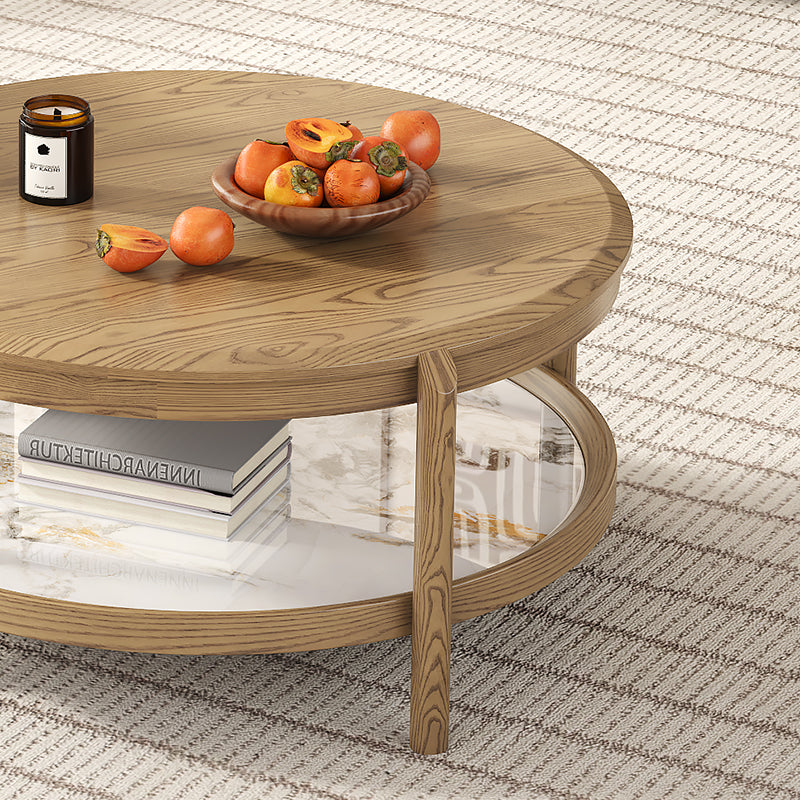 Scandinavian Round Coffee Table - Eco-Friendly Ash Wood with Natural Rock Slab, 2-Tier Living Room Side Table