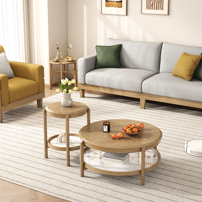 Scandinavian Round Coffee Table - Eco-Friendly Ash Wood with Natural Rock Slab, 2-Tier Living Room Side Table