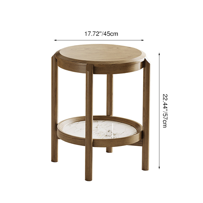 Scandinavian Round Coffee Table - Eco-Friendly Ash Wood with Natural Rock Slab, 2-Tier Living Room Side Table