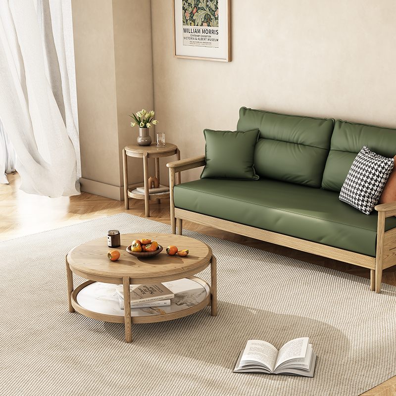 Scandinavian Round Coffee Table - Eco-Friendly Ash Wood with Natural Rock Slab, 2-Tier Living Room Side Table