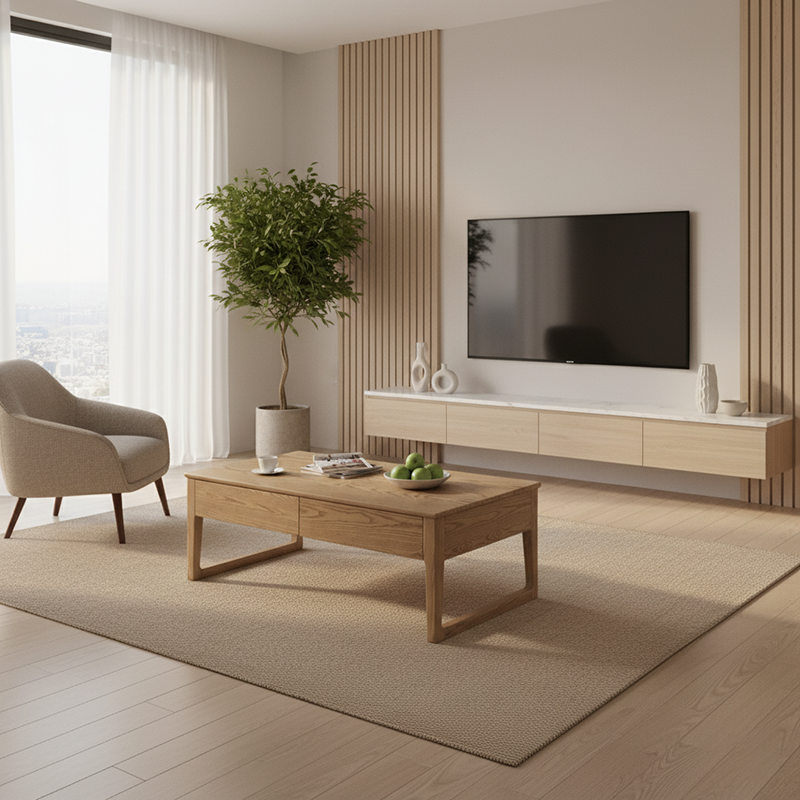 Eco-Friendly Ash Wood Coffee Table with Hidden Glide Drawer – Rectangular, 1-Tier for Living Room