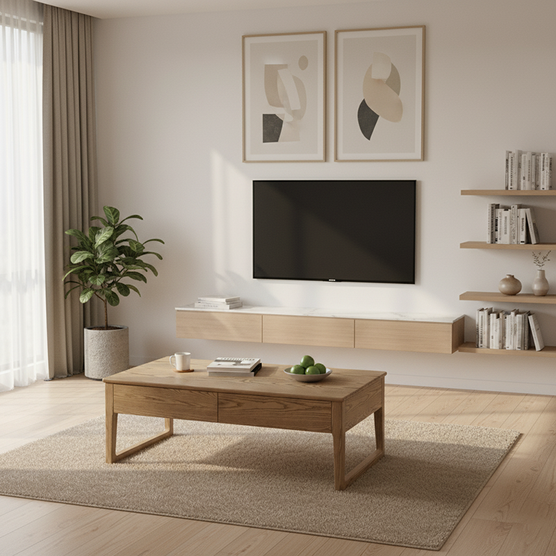 Eco-Friendly Ash Wood Coffee Table with Hidden Glide Drawer – Rectangular, 1-Tier for Living Room
