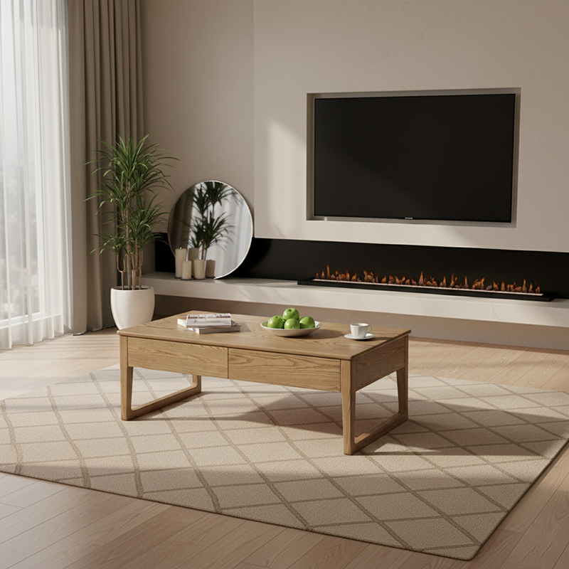 Eco-Friendly Ash Wood Coffee Table with Hidden Glide Drawer – Rectangular, 1-Tier for Living Room