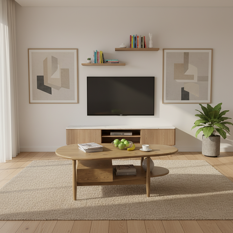 Eco-Friendly Irregular Oval Ash Wood Coffee Table with 1 Drawer — Premium Craftsmanship for Living Room