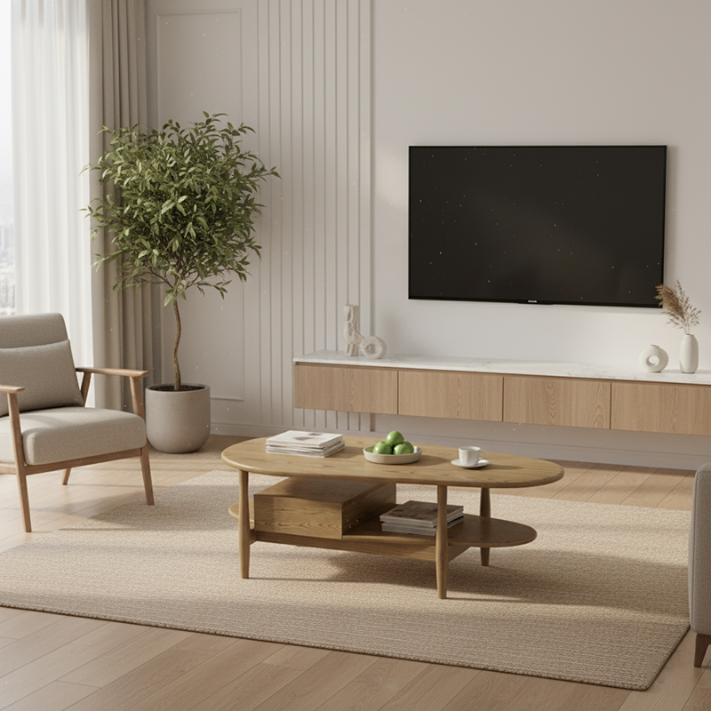 Eco-Friendly Irregular Oval Ash Wood Coffee Table with 1 Drawer — Premium Craftsmanship for Living Room