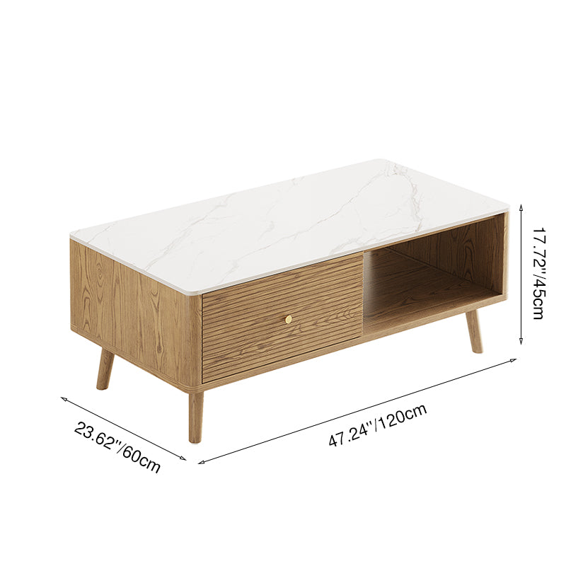 Classic French-Style Coffee Table with Ash Wood and Rock Slab Top – Durable 2-Tier Living Room Table