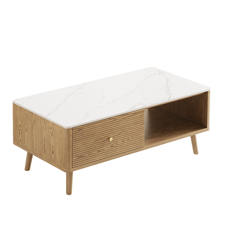 Classic French-Style Coffee Table with Ash Wood and Rock Slab Top – Durable 2-Tier Living Room Table