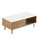 Classic French-Style Coffee Table with Ash Wood and Rock Slab Top – Durable 2-Tier Living Room Table