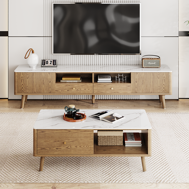 Classic French-Style Coffee Table with Ash Wood and Rock Slab Top – Durable 2-Tier Living Room Table
