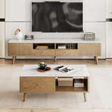 Classic French-Style Coffee Table with Ash Wood and Rock Slab Top – Durable 2-Tier Living Room Table