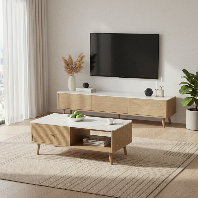 Classic French-Style Coffee Table with Ash Wood and Rock Slab Top – Durable 2-Tier Living Room Table