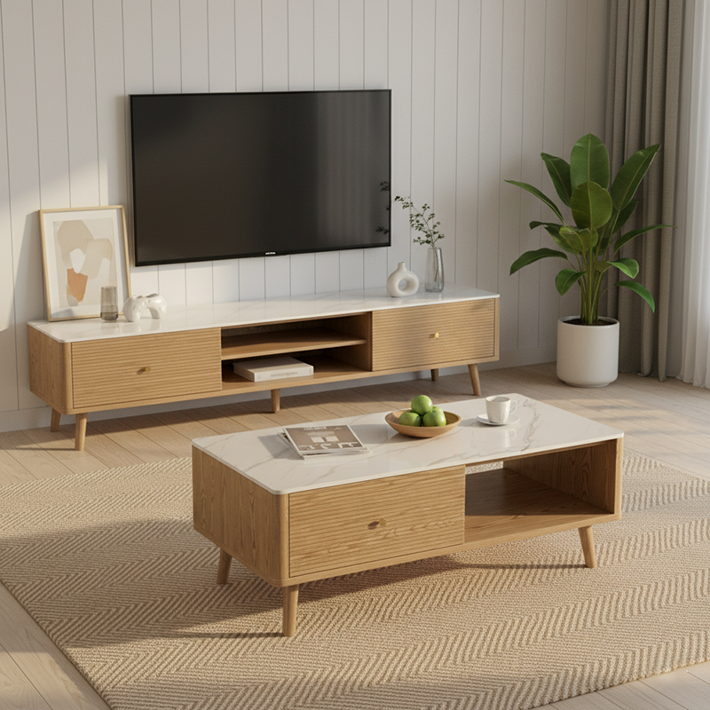 Classic French-Style Coffee Table with Ash Wood and Rock Slab Top – Durable 2-Tier Living Room Table