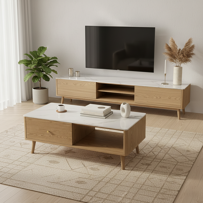 Classic French-Style Coffee Table with Ash Wood and Rock Slab Top – Durable 2-Tier Living Room Table