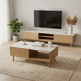 Classic French-Style Coffee Table with Ash Wood and Rock Slab Top – Durable 2-Tier Living Room Table
