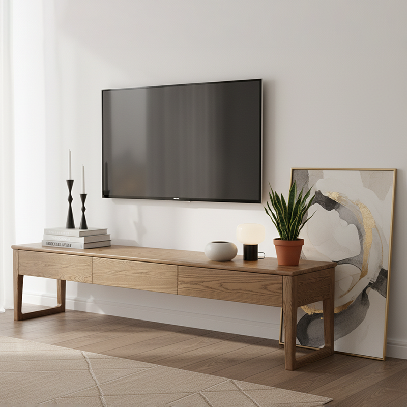 Eco-Friendly Ash Wood TV Stand – Durable Design with Ample Storage and 3-Drawer Cabinet for Living Room