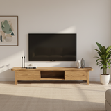 Formaldehyde-Free Ash Wood TV Stand – Modern Minimalist Design with Solid Construction, Open Storage Compartment, and 2-Drawer Cabinet for Living Room