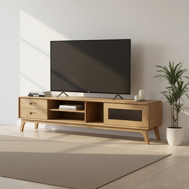 Non-Toxic Ash Wood TV Stand - Modern Minimalist TV Cabinet with Hidden Sliding Drawers and Open Shelf Design, 2-Drawer for Living Room