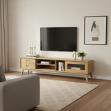 Non-Toxic Ash Wood TV Stand - Modern Minimalist TV Cabinet with Hidden Sliding Drawers and Open Shelf Design, 2-Drawer for Living Room