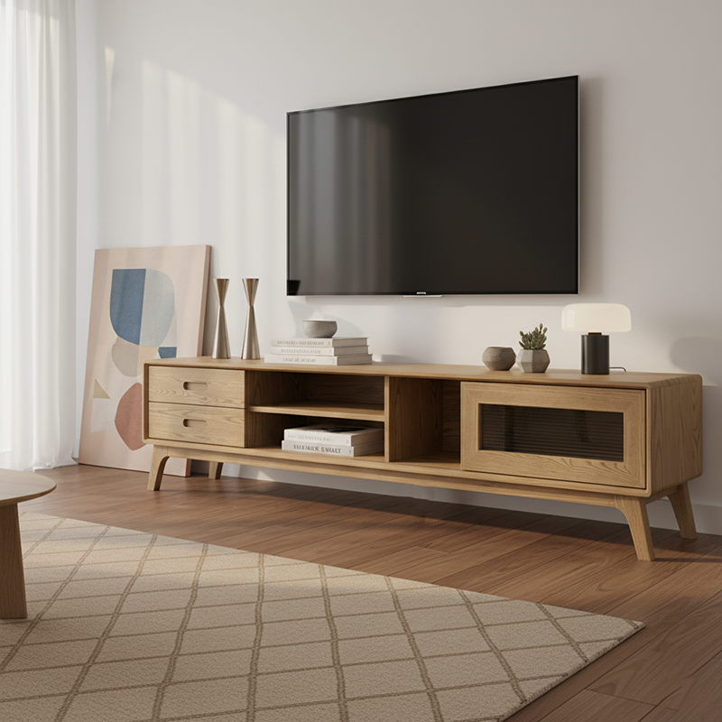 Non-Toxic Ash Wood TV Stand - Modern Minimalist TV Cabinet with Hidden Sliding Drawers and Open Shelf Design, 2-Drawer for Living Room