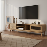 Non-Toxic Ash Wood TV Stand - Modern Minimalist TV Cabinet with Hidden Sliding Drawers and Open Shelf Design, 2-Drawer for Living Room