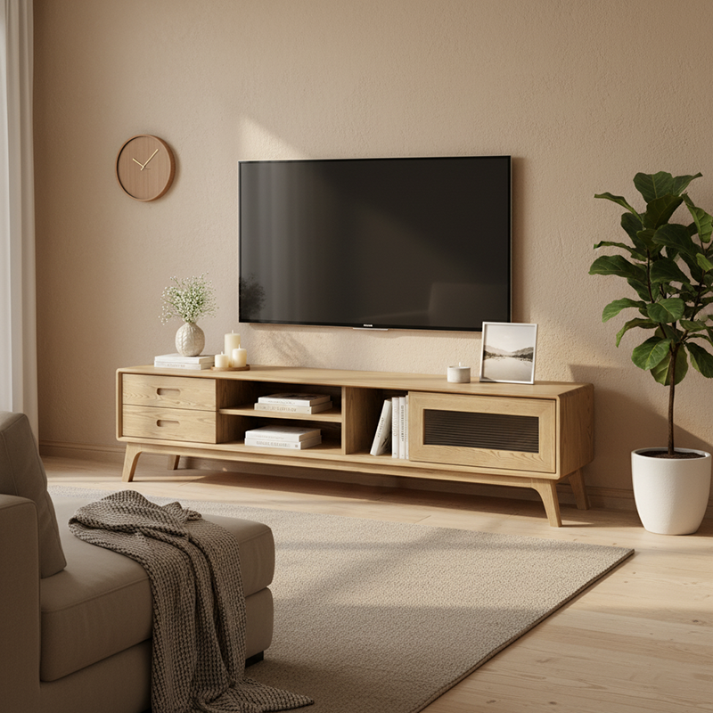 Non-Toxic Ash Wood TV Stand - Modern Minimalist TV Cabinet with Hidden Sliding Drawers and Open Shelf Design, 2-Drawer for Living Room