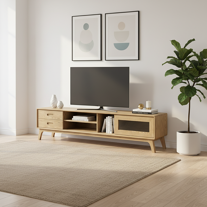 Non-Toxic Ash Wood TV Stand - Modern Minimalist TV Cabinet with Hidden Sliding Drawers and Open Shelf Design, 2-Drawer for Living Room