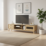 Non-Toxic Ash Wood TV Stand - Modern Minimalist TV Cabinet with Hidden Sliding Drawers and Open Shelf Design, 2-Drawer for Living Room