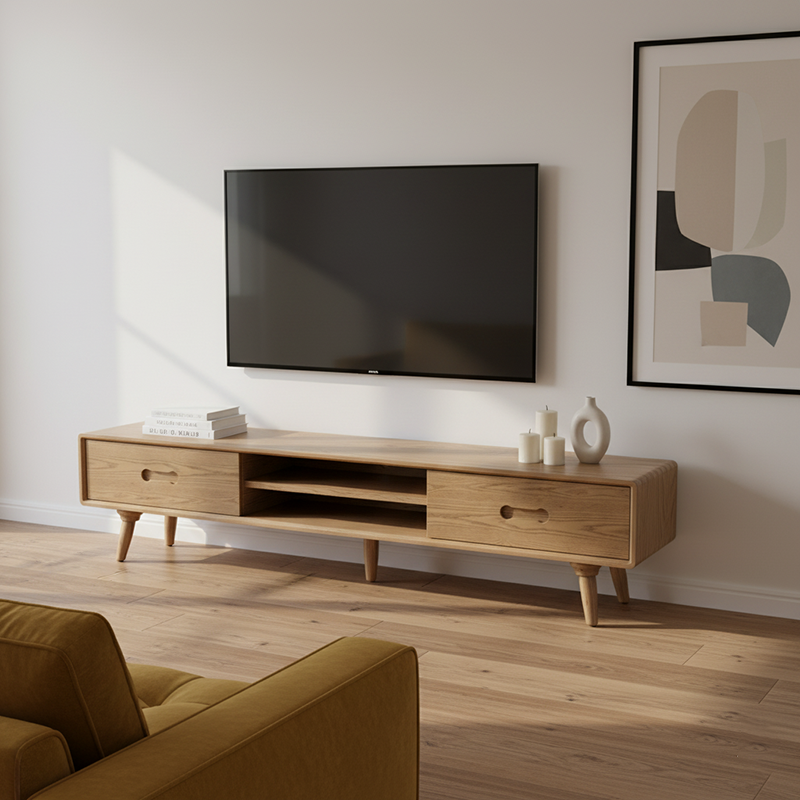 Handcrafted Ash Wood TV Stand — Timeless Traditional Style, Formaldehyde-Free Finish, Dual-Storage Cabinet with 2 Drawers for Living Room