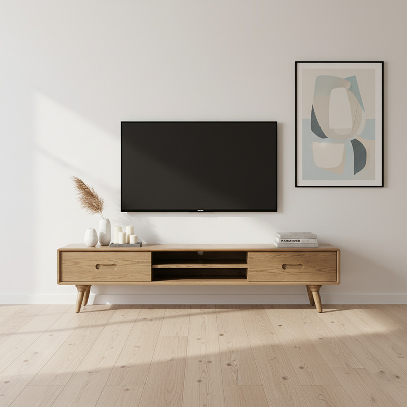 Handcrafted Ash Wood TV Stand — Timeless Traditional Style, Formaldehyde-Free Finish, Dual-Storage Cabinet with 2 Drawers for Living Room