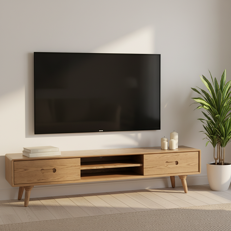 Handcrafted Ash Wood TV Stand — Timeless Traditional Style, Formaldehyde-Free Finish, Dual-Storage Cabinet with 2 Drawers for Living Room