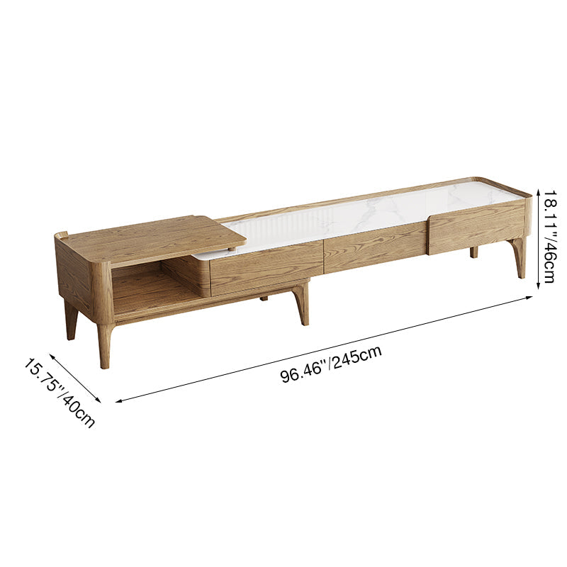 Hand-Sanded Ash Wood TV Stand with French-Style Extendable Rock Slab and Solid Craft TV Cabinet – 2-Drawer for Living Room
