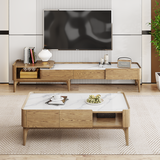 Hand-Sanded Ash Wood TV Stand with French-Style Extendable Rock Slab and Solid Craft TV Cabinet – 2-Drawer for Living Room