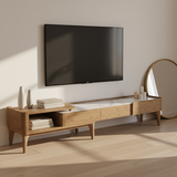 Hand-Sanded Ash Wood TV Stand with French-Style Extendable Rock Slab and Solid Craft TV Cabinet – 2-Drawer for Living Room