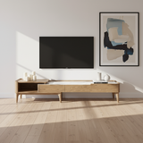 Hand-Sanded Ash Wood TV Stand with French-Style Extendable Rock Slab and Solid Craft TV Cabinet – 2-Drawer for Living Room