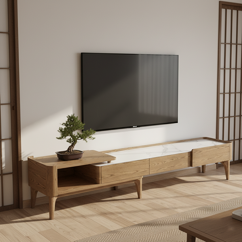 Hand-Sanded Ash Wood TV Stand with French-Style Extendable Rock Slab and Solid Craft TV Cabinet – 2-Drawer for Living Room