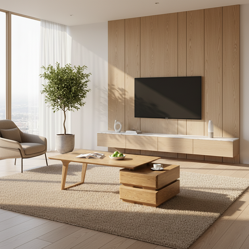 Japanese Zen Ash Wood Extendable Coffee Table with Two Drawers – Eco-Friendly Storage for Living Room