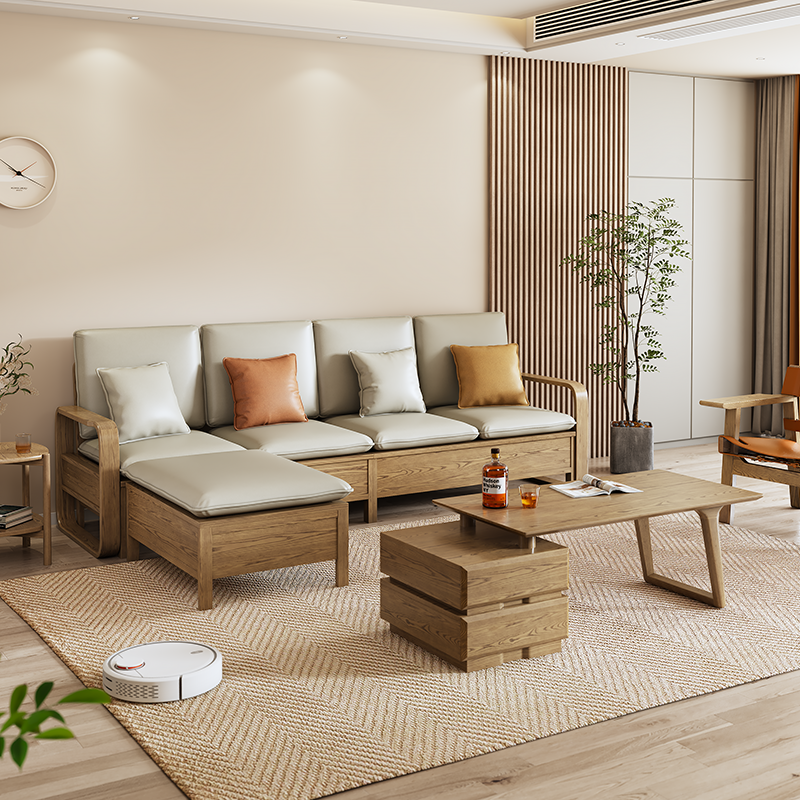 Japanese Zen Ash Wood Extendable Coffee Table with Two Drawers – Eco-Friendly Storage for Living Room