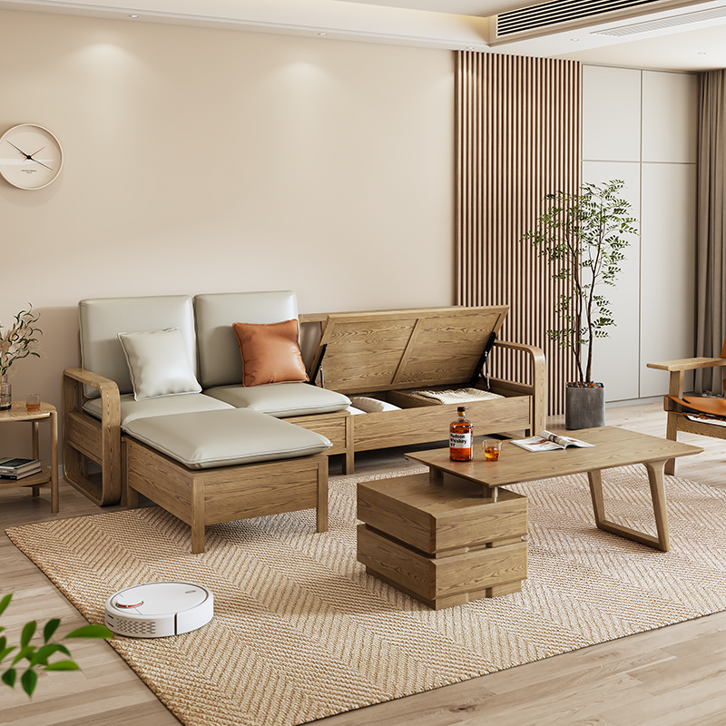 Japanese Zen Ash Wood Extendable Coffee Table with Two Drawers – Eco-Friendly Storage for Living Room