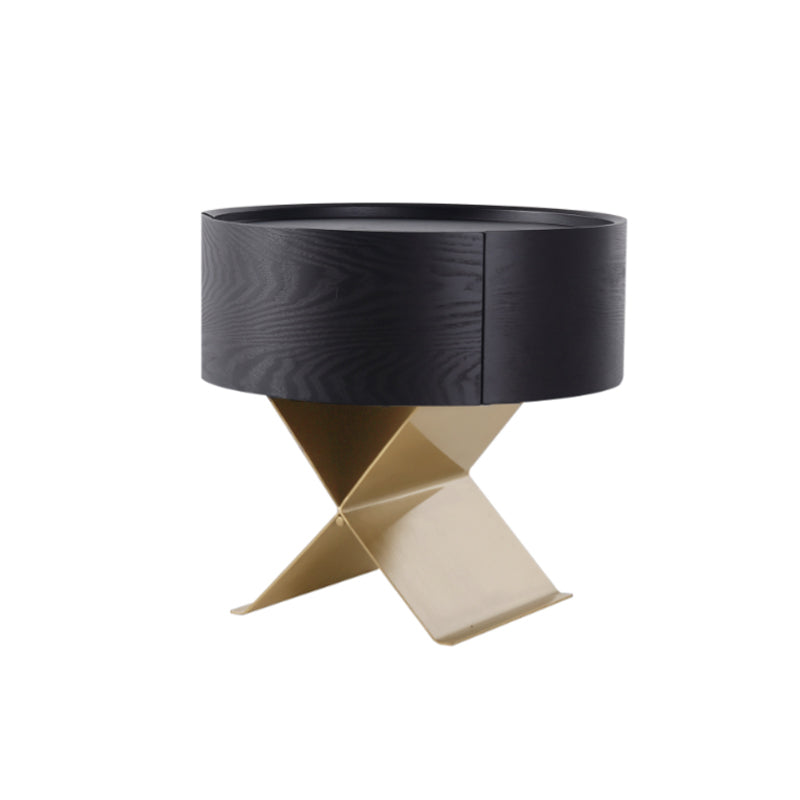 Industrial Smoked Wood Nightstand – Solid Wood Bedside Table with a Smooth Circular 1-Drawer for the Bedroom