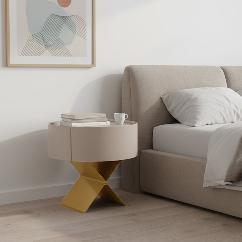 Industrial Smoked Wood Nightstand – Solid Wood Bedside Table with a Smooth Circular 1-Drawer for the Bedroom