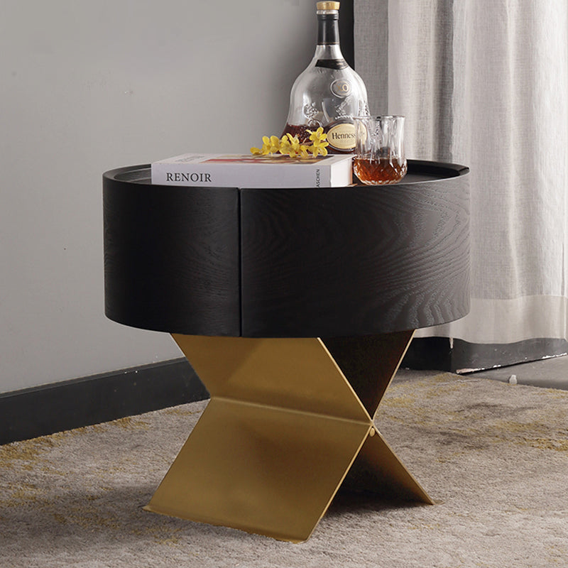 Industrial Smoked Wood Nightstand – Solid Wood Bedside Table with a Smooth Circular 1-Drawer for the Bedroom