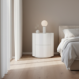 Nordic Rounded Cabinet Nightstand – Sturdy Build, Soft-Textured Minimalist Finish, 2-Drawer Bedside Table for Bedroom