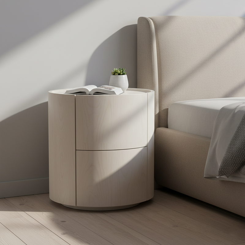 Nordic Rounded Cabinet Nightstand – Sturdy Build, Soft-Textured Minimalist Finish, 2-Drawer Bedside Table for Bedroom