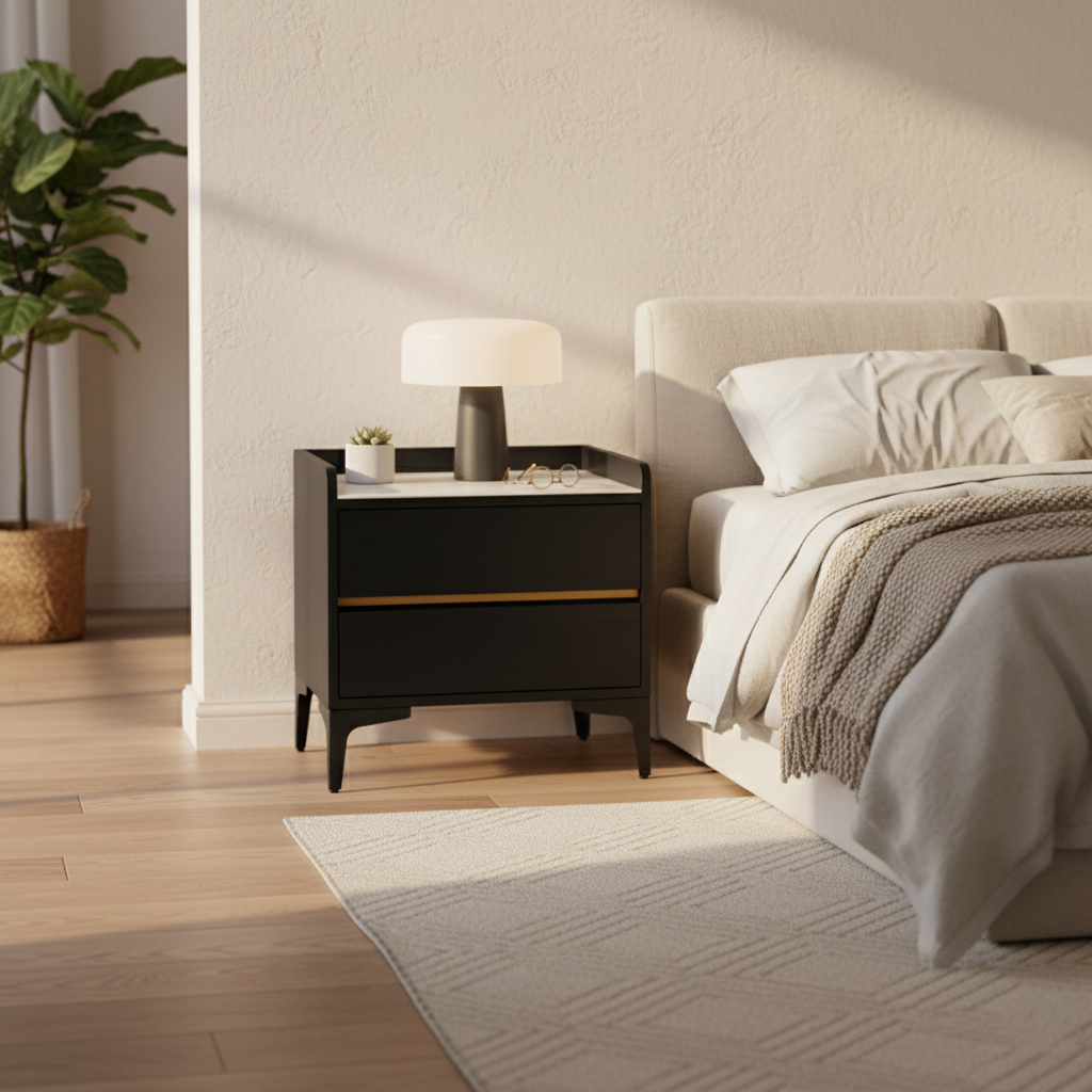 Low-Maintenance Scandinavian Bedside Table with Eco-Friendly Wood Veneer and Smooth Two-Drawer Nightstand for the Bedroom