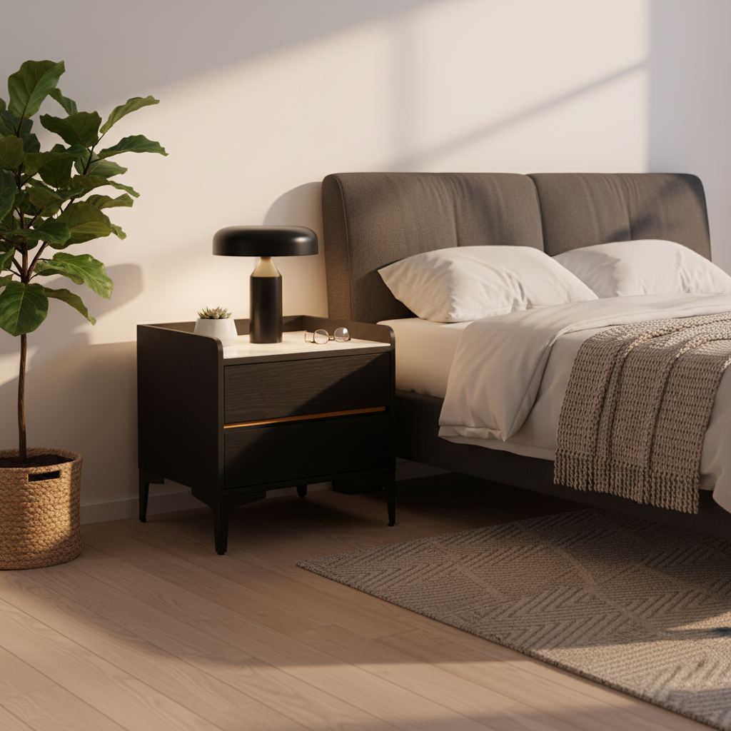 Low-Maintenance Scandinavian Bedside Table with Eco-Friendly Wood Veneer and Smooth Two-Drawer Nightstand for the Bedroom